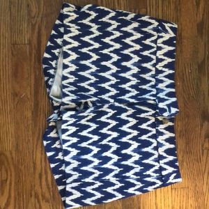 Blue and white patterned shorts.
